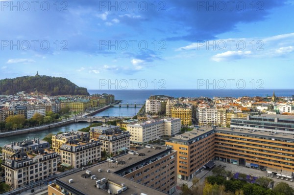 Aerial view of the Urumea river and the bridges of San Sebastian, Donostia at sunset, Basque Country