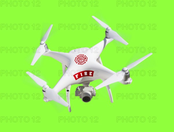 Fire department UAV unmanned aircraft system quadcopter drone flying over A green screen