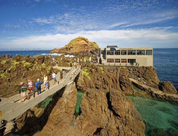 Natural swimming pools in volcanic rock, Cachalote restaurant, lava pools, natural swimming pools, natural pools, rocky coast, bathing complex, Porto Moniz, Madeira, Portugal, Europe