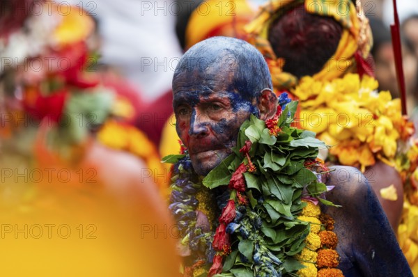 GUWAHATI, INDIA, AUGUST 19: Priests dance in the beat of Dhol (Drum) during the annual three-day-long Deodhani festival at the Kamakhya Temple on August 19, 2024 in Guwahati, India. The Deodhani festival is dedicated to Serpent Goddess Kamakhya, people believed that Goddess Kamakhya fulfills the wishes of the devotees who participate in this festival