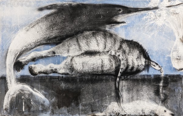 Swordfish, zebra and chrysanthemums, mixed media on canvas, exhibition Miquel Barcelo, Vida y Muerte, Museum Kueppersmuehle, Duisburg, Germany- Editorial use only