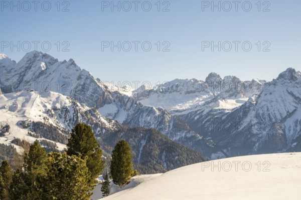 Beautiful landscape of the Mountain silhouettes of the Sexten Dolomites on a sunny winter day, South Tyrol, Trentino-South Tyrol, Alto-Adige, Italy, Europe