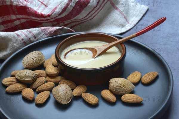 White almond cream in small bowls, almond butter