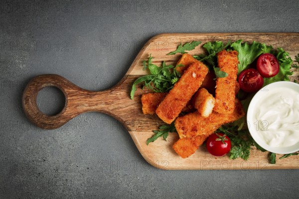 Fried fish nuggets, with white sauce, arugula and cherry, no people