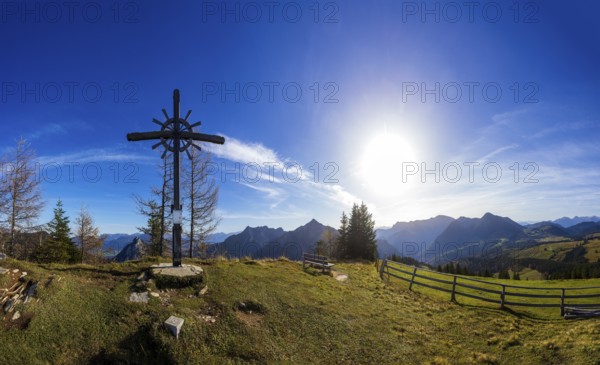 Summit cross on the Hochthron Postalm, Osterhorn group, Salzkammergut, Salzburg province, Austria, Europe