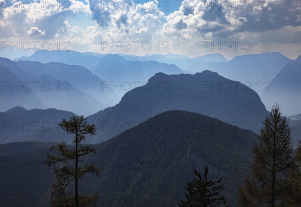 At the summit of Alpbichl with a view of the Schwarzer Berg, Osterhorn group, Salzkammergut, Salzburg province, Austria, Europe