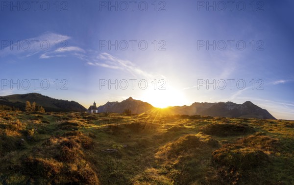Sunrise on the Postalm with the Postalm chapel, Osterhorn group, Salzkammergut, Salzburg province, Austria, Europe