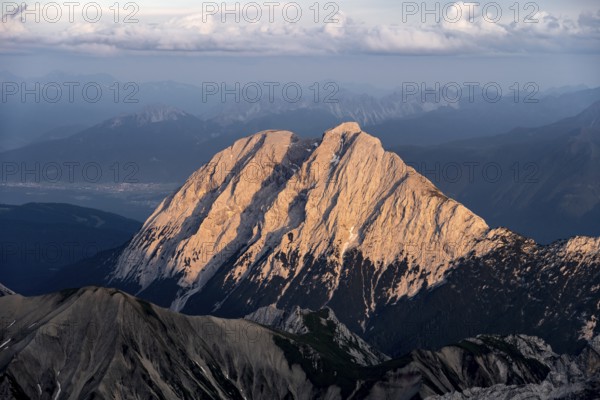 Summit of the Hohe Munde at sunset, Impressive rocky mountain landscape, Mountain panorama from the summit of the Zugspitze, Northern Limestone Alps, Wetterstein Mountains, Bavaria, Germany, Europe