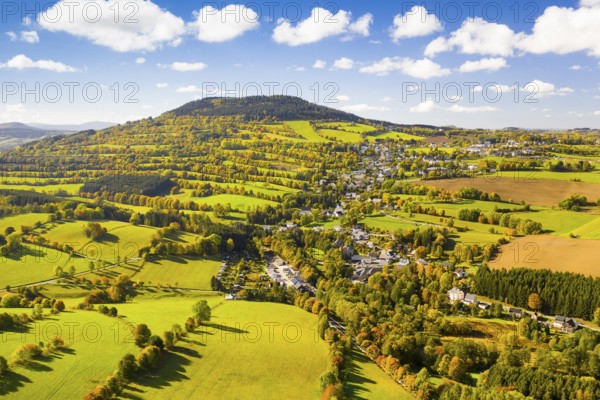 Eastern view of the Pöhlberg with the village of Geyersdorf from the air, Erzgebirge, Saxony, Germany, Europe