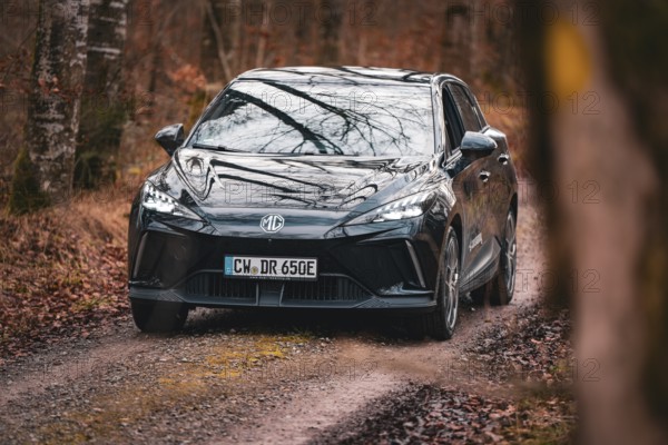 Black limousine drives along a narrow forest path through autumnal surroundings, e-car sharing vehicle from Deer Mobility, Gechingen, Black Forest, Germany, Europe