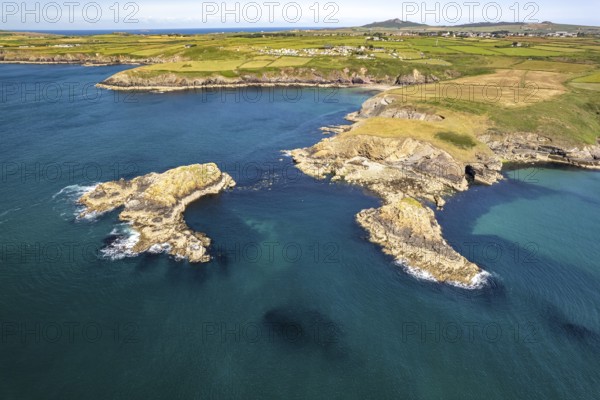The Pembrokeshire coast at Caerfai Bay seen from the air, St Davids, Wales, United Kingdom, Europe