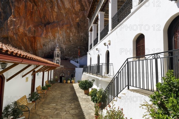 Greek Orthodox Monastery of Elona, Moni Elonis on the cliffs, Parnon Mountains, Arcadia, Peloponnese, Greece, Europe