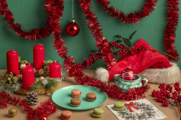 Christmas scene with red candles on an Advent wreath, garlands and macaroons on a table