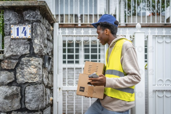 African delivery man arriving on the entrance of a house carrying some packages to deliver