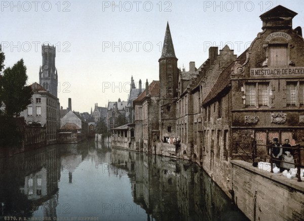 Canal and Belfry, Bruges, Belgium, ca 1895, Historic, digitally restored reproduction from a 19th century original, Record date not stated, Europe