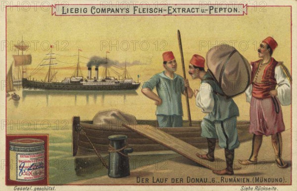 Picture series The course of the Danube, Romania, estuary, Liebig picture, digitally restored reproduction of a collector's picture from around 1900, public domain, exact date unknown, Romanian estuary of the Danube with sailors and a steamship in the background, Europe