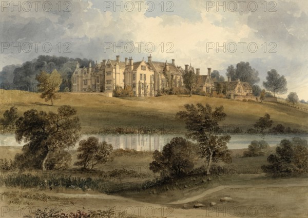 South West View of Rushton Hall, Northamptonshire, the Seat of the Honourable Mrs. Cockayne, England, digitally restored reproduction of a 19th-century original by John Buckler, Record date not stated, South West View of Rushton Hall, the Seat of the Honourable Mrs. Cockayne, digitally restored reproduction of a 19th-century original, Record date not stated