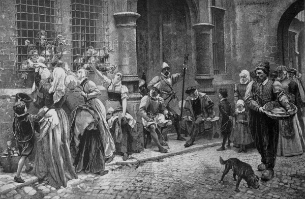 On the eve of the execution, woman and families bid farewell to the prisoners, after a painting by Pierre Jean Van der Ouderaa, 1880, Historical, digital reproduction of an original from the 19th century