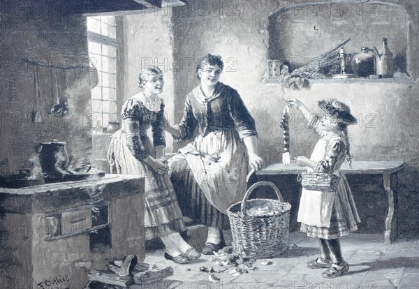 Girl has knitted her first stocking and proudly presents it to her mother and older sister, 1886, Germany, digital reproduction of a 19th century original, historical, woman in a kitchen happily interacting with a child in traditional dress, Europe