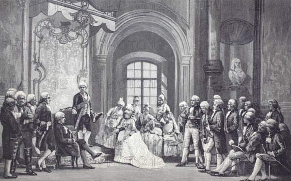 The ninth foundation festival of the Hohe Karlsschule in Stuttgart on 14 December 1779, first meeting of Schiller and Goethe, digital reproduction of an original from the 19th century, historical