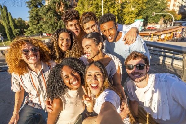 Multi-ethnic young casual and happy friends gesturing success while taking selfie in the city street