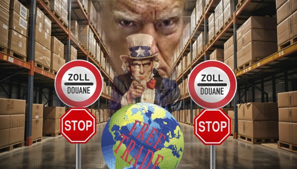 Symbolic image, EU, Germany and global economy under pressure from USA-Donald Trump, tariff threats, Elon Musk, Mark Zuckerberg, social networks, fake news, hate, hate speech, DSG Digital Services Act, re-election, USA, politics, announcements, vendetta, wanted dictator, Republicans, US electoral system, global danger, lies, 2nd term, global burden, Ukrainian war, storming White House, alliance cancellation, North America