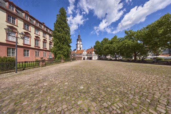 Erbach Castle, church tower, Erbach town church, lantern, historic buildings, blue sky with cumulus clouds, market square, Erbach, Odenwald, Odenwaldkreis, Hesse, Germany, Europe