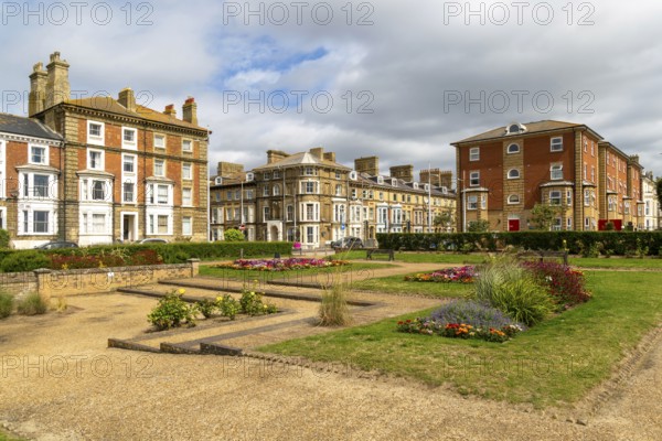 Historic seafront buildings, Wellington Esplanade gardens, Lowestoft, Suffolk, England, UK