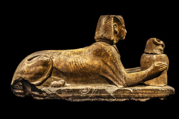 Statue of Ramses II as a sphinx offering a vessel with a ram's head from the exhibition: Ramses the Great and the Gold of the Pharaohs, Cologne, North Rhine-Westphalia, Germany, Europe
