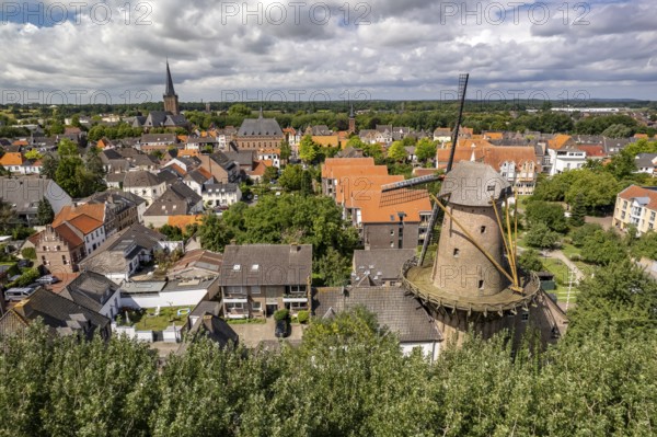 Aerial view of the town with town windmill, Kalkar, Lower Rhine, North Rhine-Westphalia, Germany, Europe
