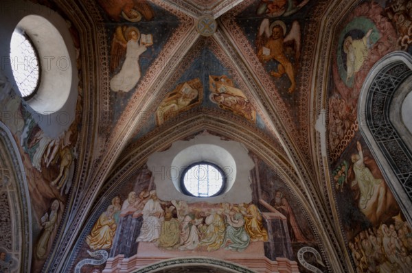 Interior view, God the Father in Glory, late Gothic frescoes by Master Wenzlaus in the Chapel of Our Lady at the cemetery, pilgrimage church Parish Church of Our Lady of Sorrows, Riffian, Rifiano, South Tyrol, Autonomous Province of Bolzano, Italy, Europe