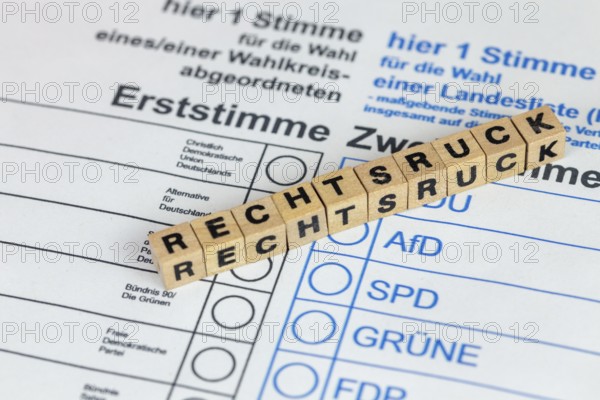 Symbolic image of the shift to the right in Germany: Symbolic ballot paper with letter cubes