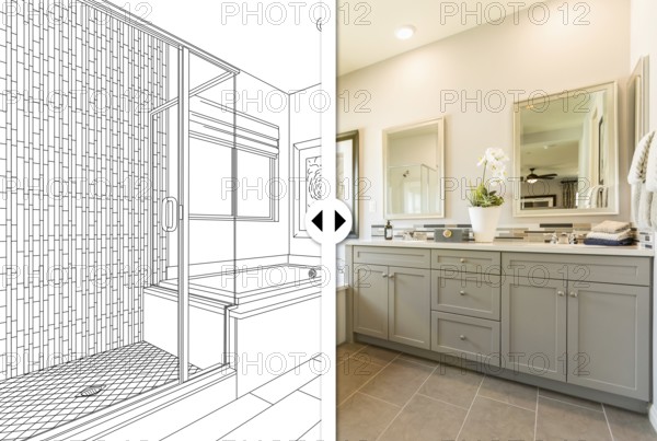 Before and after slider comparing pencil sketch drawing plans and completed custom master bathroom