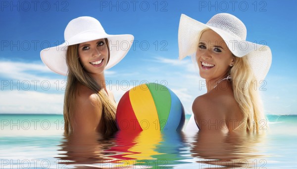Two young woman in sun hats playing with a beach ball on the beach in the Caribbean