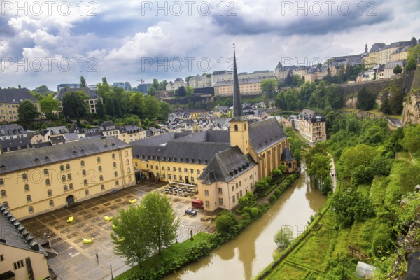 City panorama of Luxembourg: View of the historic Grund district and the Alzette river