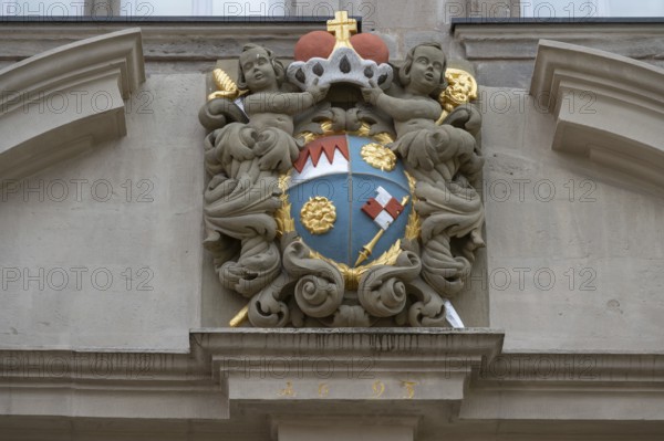Coat of arms cartouche from 1693 above the portal of the Knauf Museum, market square, Iphofen, Lower Franconia, Bavaria, Germany, Europe