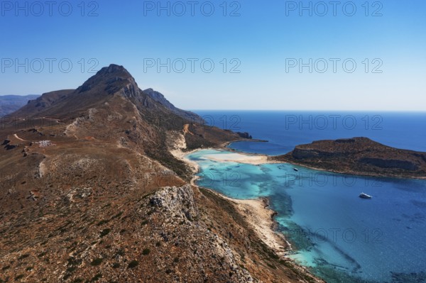 Drone shot, Gramvousa peninsula with view to the beach and bay of Balos, Kolimbari, West Crete, Crete, Greece, Europe