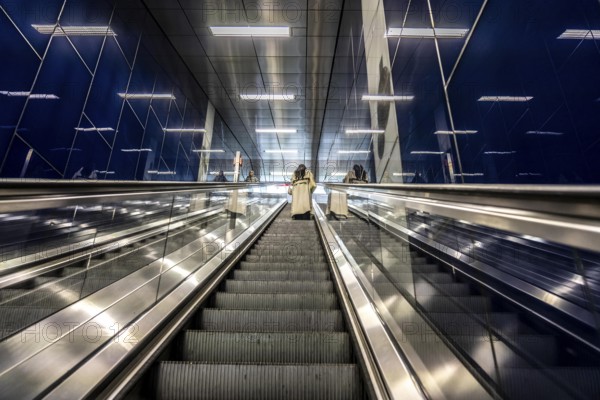 Modern underground station of the Wehrhahn line, Schadowstraße, 6 new stations, opened in 2016, of the 3.4 km long underground line in the city centre of Düsseldorf, North Rhine-Westphalia, Germany, Europe
