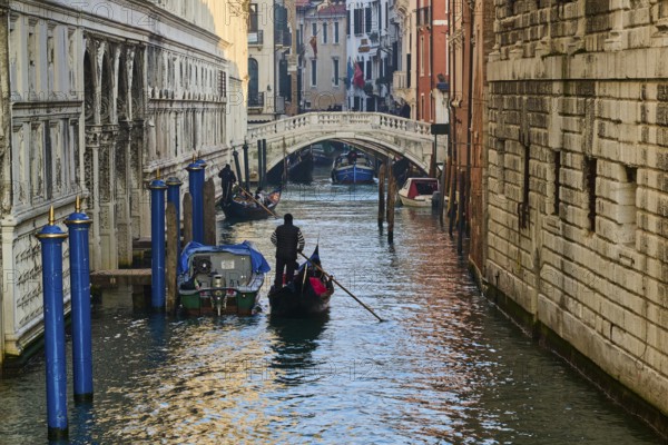 View from 'Ponte della paglia' over a waterway on a sunny morning with gondolier in Venice on a foggy morning in winter, Italy, Europe