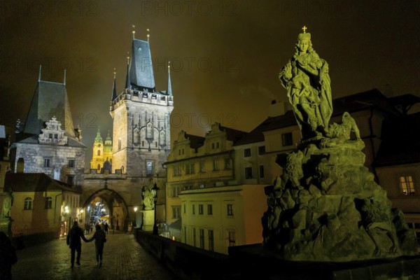 Charles Bridge by night, at night, Old Town, historical, tourism, city trip, Prague, Czech Republic, Europe