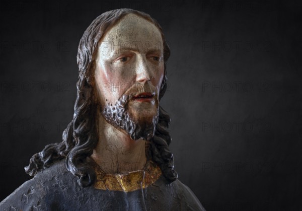 Palmesel wooden figure around 1880, Christ detail, on dark background, Dominican convent Wettenhausen, Swabia, Bavaria, Germany, Europe