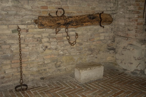 Prison cell in the basement of the medieval Gradara castle, Marche region, Italy, Europe