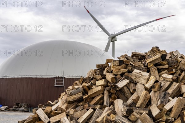 Biogas plant produces gas from various biomass, here the wood storage, the electricity is produced in combined heat and power plants with the biogas produced and sold to companies in the neighbouring industrial estate, the heat generated is fed into a local heating network, gas storage and wind power plant, Ense, North Rhine-Westphalia, Germany, Europe