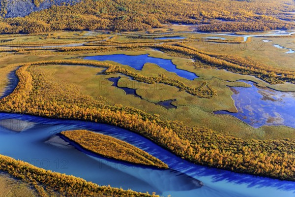 Lake, river, river delta, autumn colours, autumn, mountains, sunny, aerial view, Rapadalen, Laponia, Lapland, Sweden, Europe