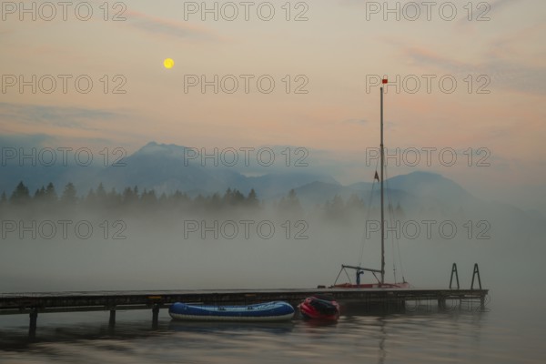 Morning atmosphere at full moon, Hopfensee, near Füssen, Ostallgäu, Allgäu, Upper Swabia, Swabia, Bavaria, Germany, Europe