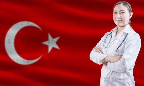 Female doctor on Turkey flag. Doctor with crossed arms on Turkey flag. Turkey Health and Care concept