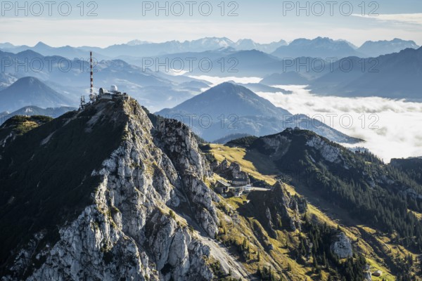 Aerial view, bird's eye view, summit of the Wendelstein, Mangfall mountains, Upper Bavaria, Bavaria, Germany, Europe