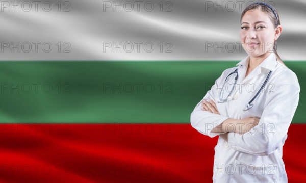 Female Doctor On Bulgarian Flag. Doctor With Crossed Arms On Bulgarian Flag. Bulgaria Health And Care Concept