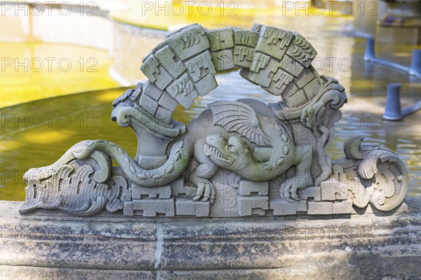 Dragon figure at the cascade in the castle park of Seehof Castle, Memmelsdorf near Bamberg, Bavaria, Germany, Europe