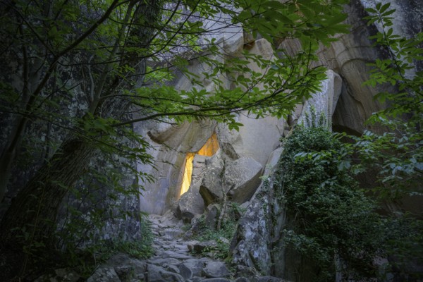 Incidental sun illuminates the passage (Chambre du Roi) through the high rocks, hike through the sandstone labyrinth Grés d'Annot, Alpes-de-Haute-Provence, France, Europe